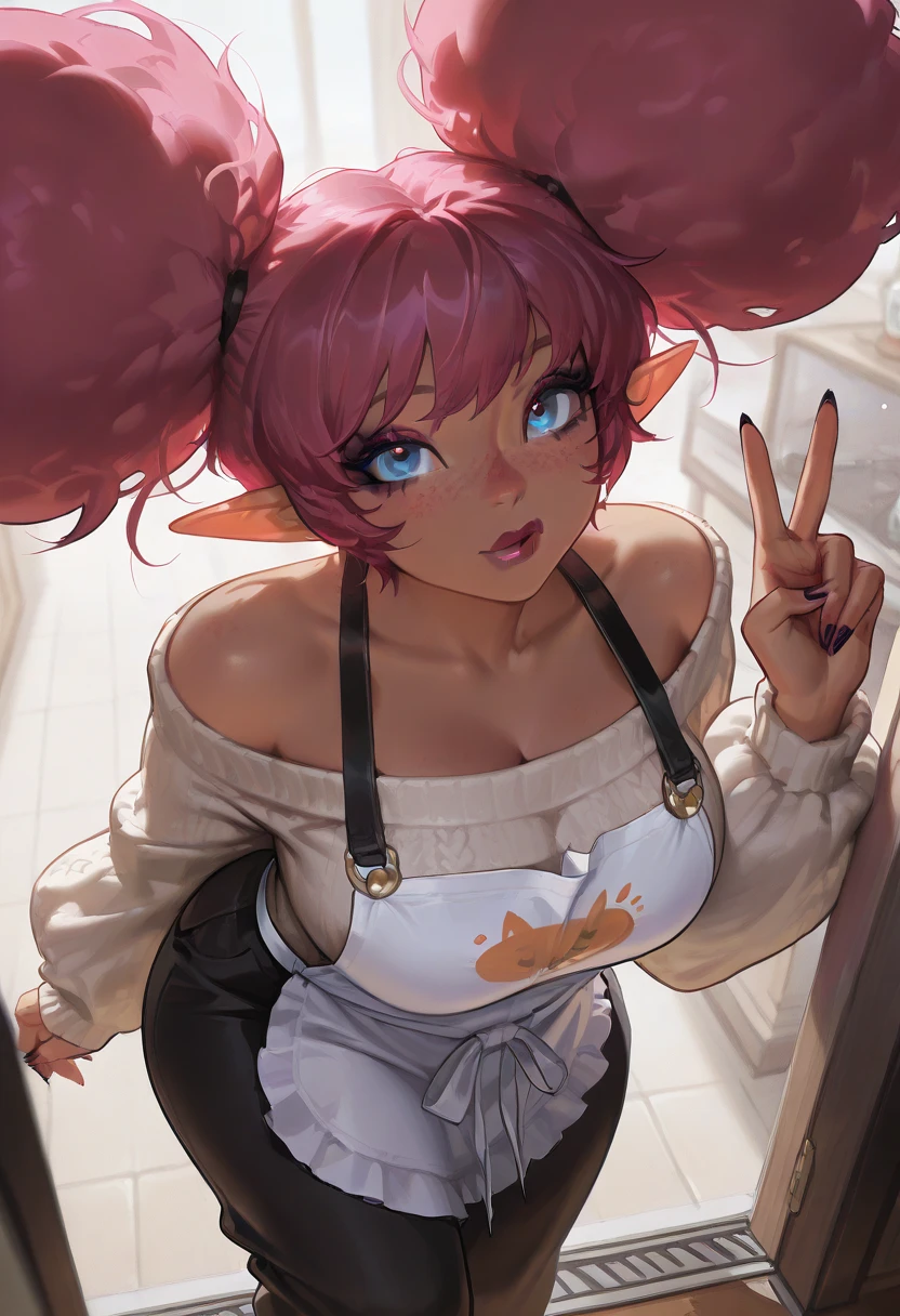 ((1 girls), solo, clevage, Big round breasts, trendy, stylish, clevage, thighs, hips, realistic, pink hair, blonde hair, light green eyes, lip gloss, detailed face, amazing big eyes, eye details, big lips, eyebrow details, blush, smirk, naughty, mischevious face, HD, good quality, kitchen, pop, licking loli