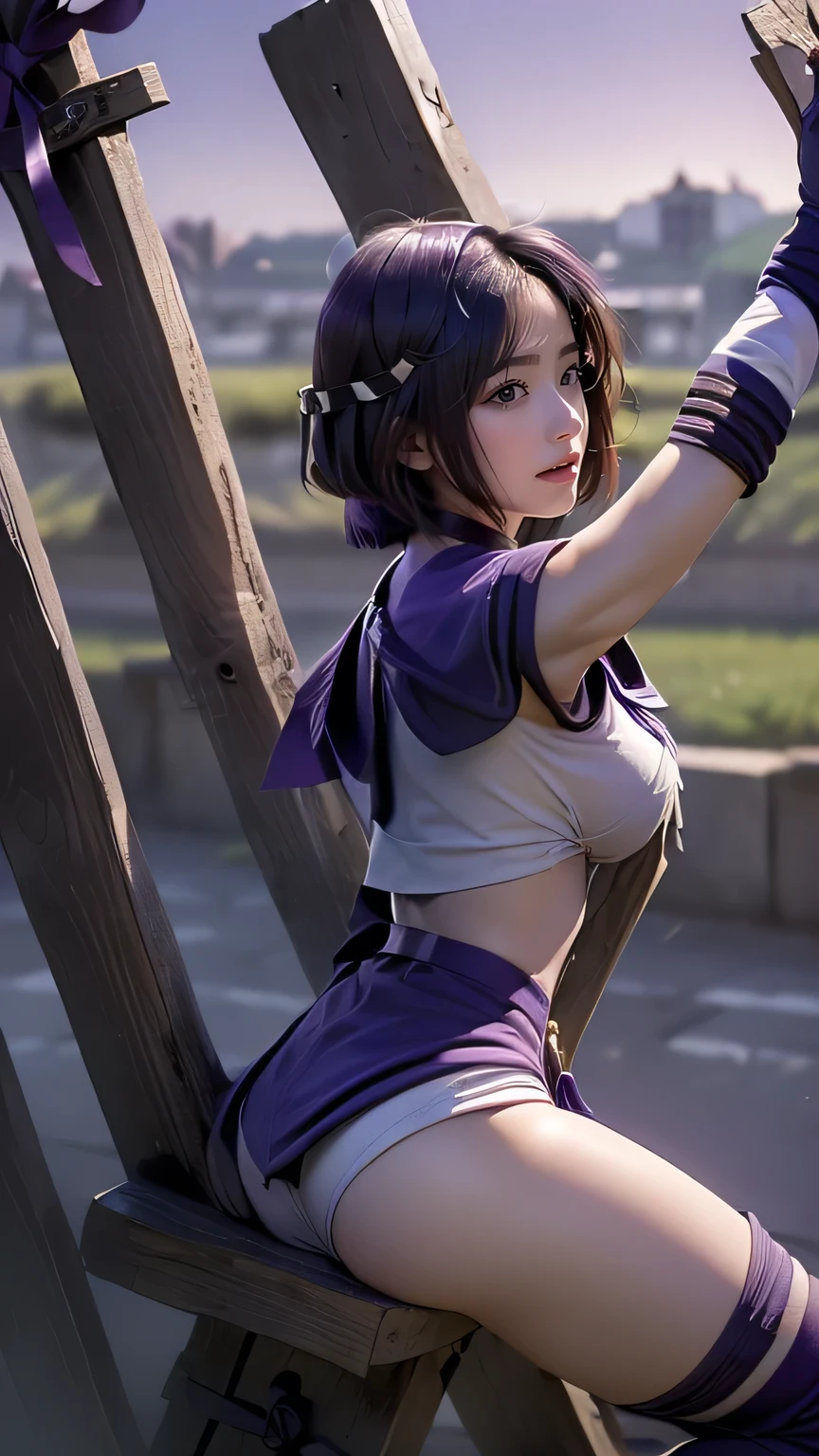 ((( top quality ))), (( masterpiece)), ( details),((( A lot of men are on the train ))), (((((( HotaruTomoe, (sailor Saturn , purple hair, short hair, elbow gloves, neck ribbon, bangs, long hair, circlet)))))))), ((( slender body, big breast , Big Breasts,cleavage, Cleevidge, thick thighs, ))), (( Cameltoe)),(( growing skin, white skin, growing skin)), Mysterious Light, ((( well-prepared face about the middle of leg opening ))), (( big eyes)), (((((( droopy eyes )))))), (( random angle )), Fully effective , eyeshadow , pink cheeks, earrings, necklace,((((Crucifixion by the X-pillar, in stocks pose, from behind,low angle)))),