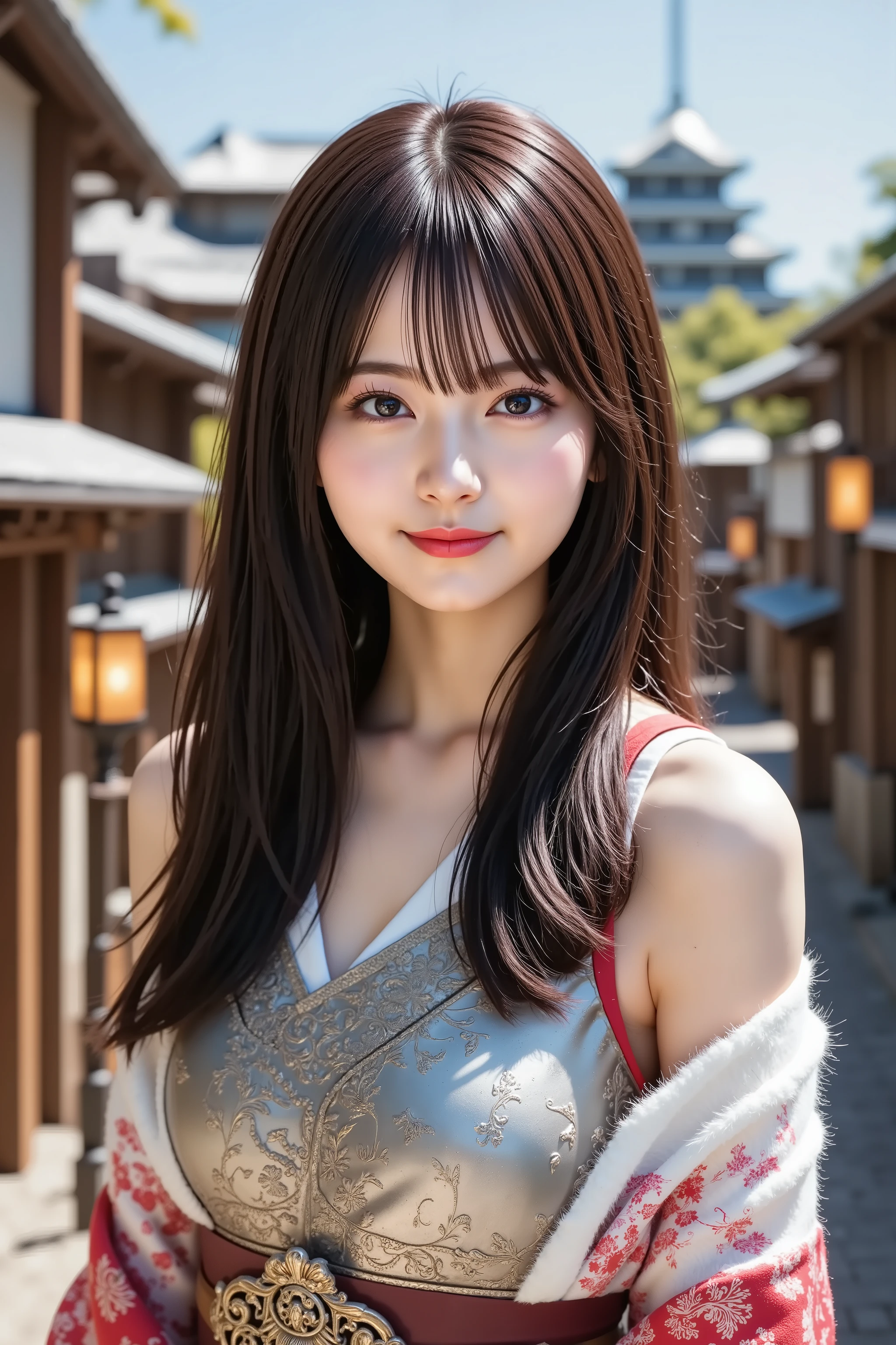 Big breast, Ultra-detailed 8K digital illustration of a beautiful young Asian woman dressed in traditional female samurai attire, rendered with breathtaking precision. The image is a waist-up shot capturing her poised demeanor, with long, silky black hair flowing in soft, natural waves that gracefully frame her delicate, determined face. Her eyes, filled with unwavering resolve and subtle compassion, convey both strength and serenity. She is adorned in meticulously crafted armor featuring elaborate engravings, intricate filigree, and layered plating that combine to express a perfect harmony of fierce warrior spirit and refined elegance. At her waist, a finely forged Japanese sword—its blade gleaming with a razor-sharp edge and decorated with exquisite, traditional carvings—is securely fastened, symbolizing honor, duty, and the storied legacy of the samurai.
The background immerses the viewer in an evocative Edo-period townscape, where historic wooden structures line narrow, winding streets. Inspired by the charming ambiance of Kyoto’s traditional neighborhoods, the scene is enriched with authentic details: weathered timber beams, softly illuminated lanterns, and subtle hints of nature reclaiming the urban landscape. Edo Castle looms majestically in the distance, its imposing silhouette and intricate architectural details radiating a sense of cultural grandeur and historical significance. The interplay of warm, natural light filtering through the alleyways and the delicate shadows cast by the wooden facades creates a mesmerizing atmosphere, perfectly balancing the resolute figure of the female samurai with the evocative, time-honored setting of an ancient Japanese town.