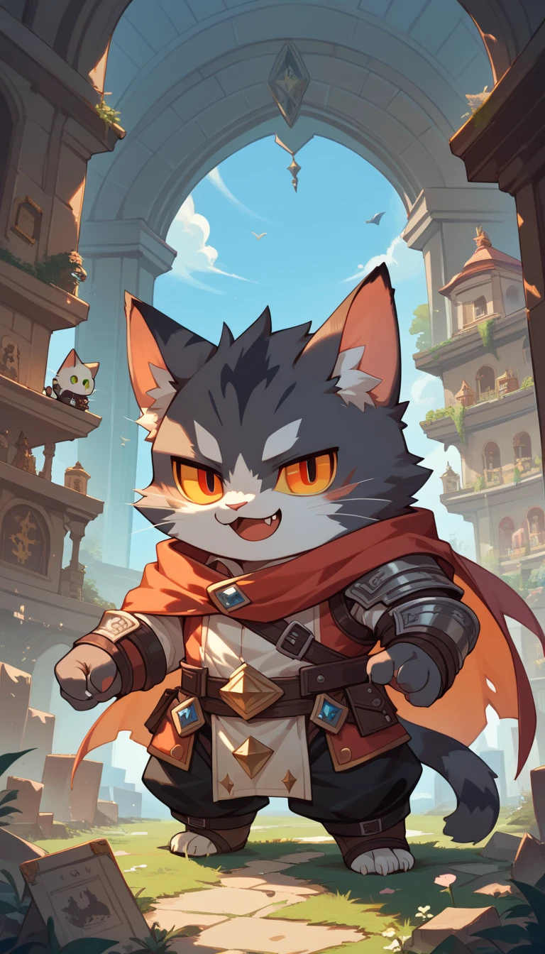 A high resolution,((best quality)), ((masterpiece)), kemono, (male cat), chibi, fantasy, necromancer, odd eyes, smile 
