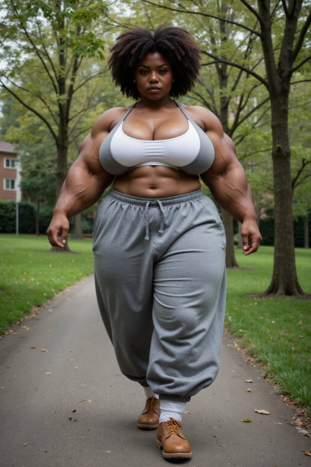 (masterpiece:1.2), (best quality:1.2), ((only one person:1)), {full body image:1}, (huge breasts:1.3), black woman, black hair, dreadlocks, Happy smile, realistic and detailed hands, realistic and detailed face, realistic and detailed tooth, realistic and detailed foots, realistic and detailed face, aviator sunglasses, park, walking on the trail, dark green short dress, bulky, muscular,