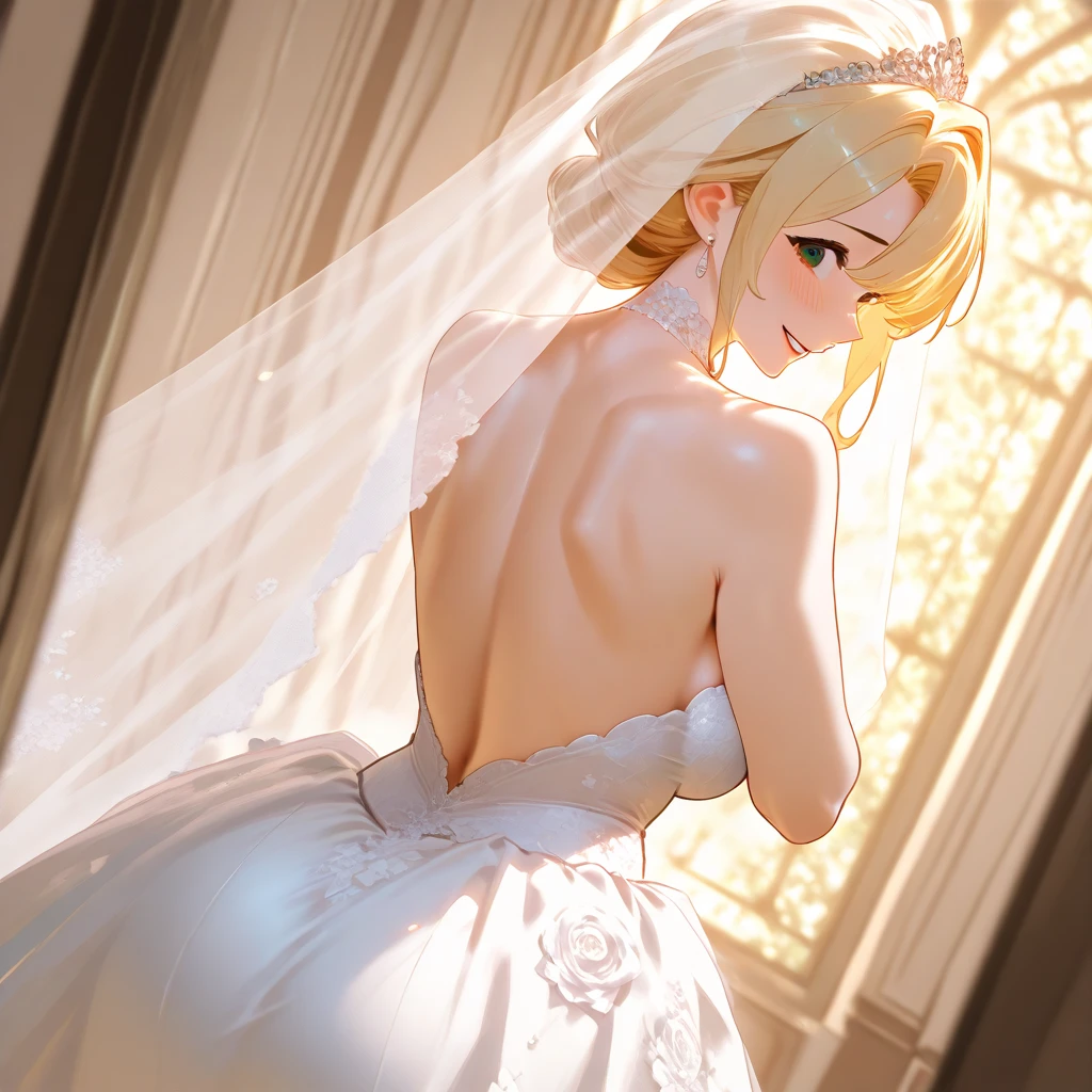 ((Masterpiece)), ((Best Quality)), (detailed), perfect, Alone, peach, beautiful woman in wedding dress and jeans, wedding veil on the head, delicious lips, wide, huge chest, deep neckline, huge chests, great ass sexy, take from behind