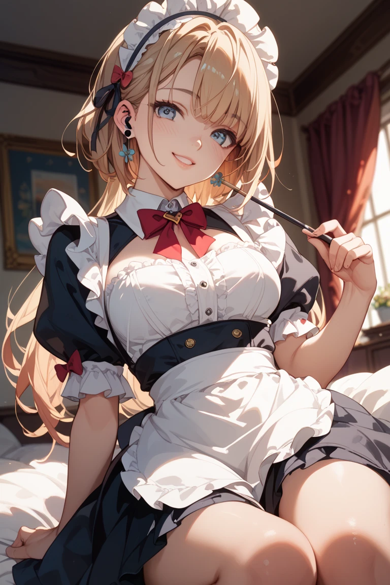 (Best quality, 8k, 32k, Masterpiece, UHD,:1.2),RAW, human, 1girl,ultra cute , ultra cute, natural lighting, transparent shining eyes, 20yo, medium breast ,femur, fair complexion , flushed face, ,Homemade Country Dress,long-sleeved dress in muted colors, Handmade apron for practicality and style, sturdy fabrics like cotton, Happily Smiling, ((wariza)), on sofa, emerald green, From the front and above, Closeup shot, Cleavage Cutout, blonde ponytail, arms between legs, emphasizing the Cleavage, breast shot