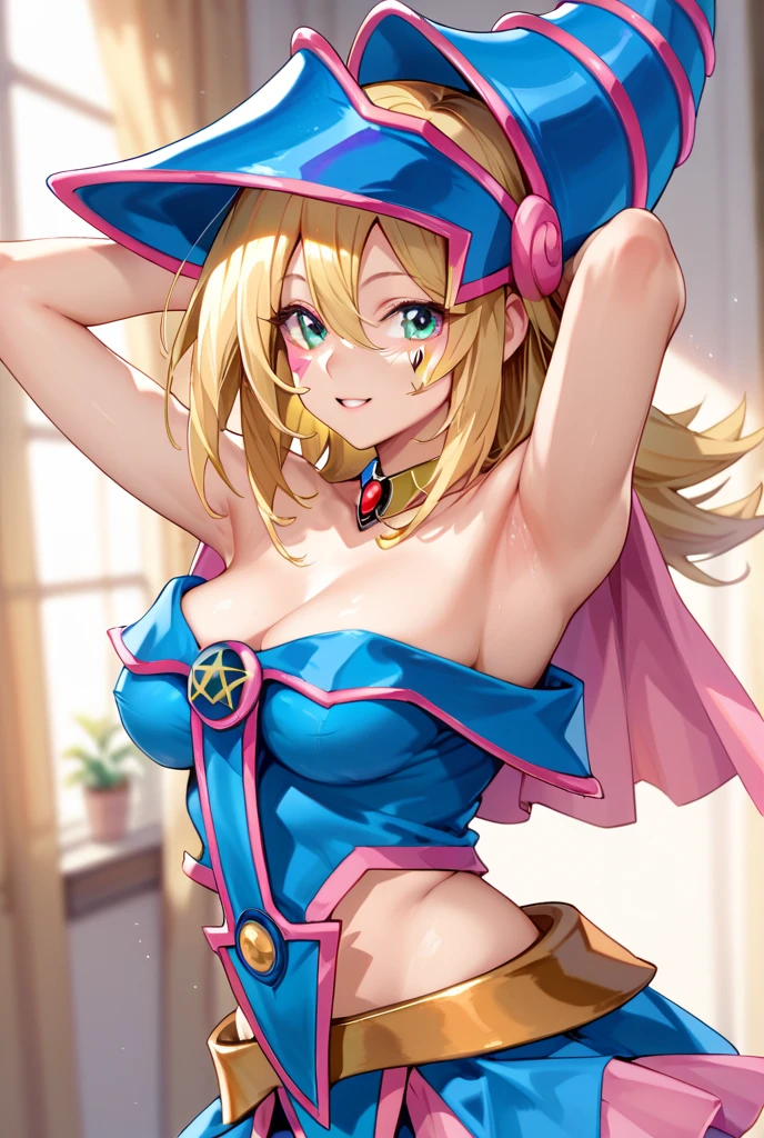1 girl, breasts, smile, (masterpiece, highest quality, High resolution, , perfect pixel, 4k,),((nsfw, dark magician girl)