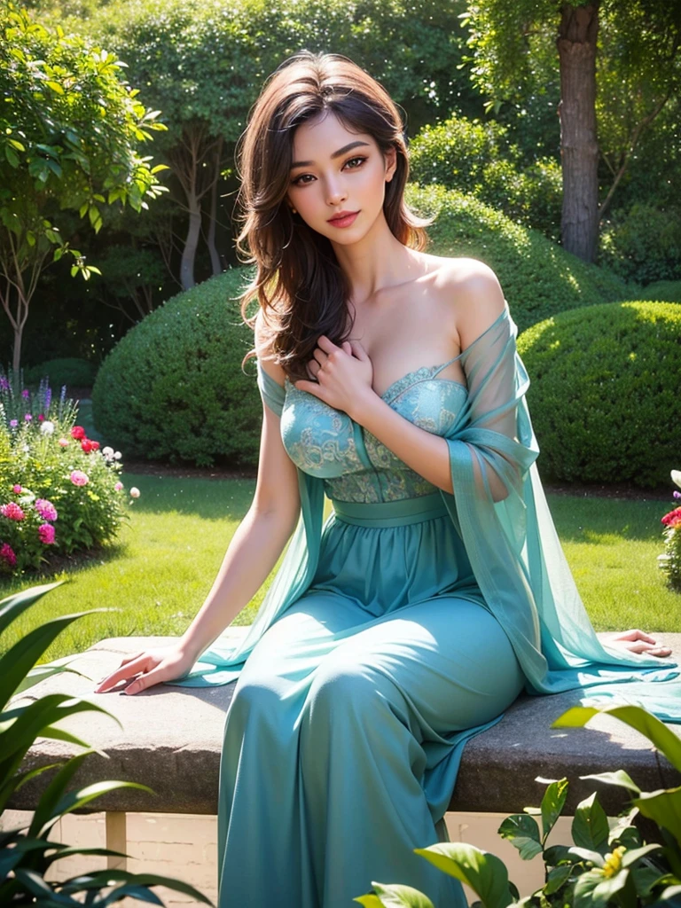 best quality, 4k, 8k, highres, masterpiece:1.2), ultra- detailed, (realistic, photorealistic, photo -realistic:1. 37), woman, full body, long black hair, detailed face, woman with long brown hair and perfect face), por trait sophie mudd, thick ash brown hair and large ey es, extremely beautiful face, aquiline nose, glossy II ps, anna nikonova aka newmilky, very pretty model, very pretty face, very beautiful girl, beautiful model girl, dasha taran, beautiful model, very beautiful fac e, beautiful girl model, flawless face, ultra beautiful A model poses In the garden, she wears a vibrant emerald green dress that flows elegantly to her knees. The dress features intricate embroidery along the neckline and sleeves. Her chestnut hair is styled in a sleek ponytail, adorned with a matching green ribbon. She accessorizes with a delicate gold bracelet and a pair of small hoop earrings, adding a touch of charm as she moves gracefully among the blooming flowers.