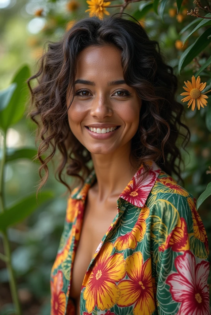 A Brazilian woman in a lush tropical garden, wearing an open shirt with a floral print, with a close-up capturing the harmonious beauty between her breasts and the natural flowers, showing off your natural charm and outgoing personality.