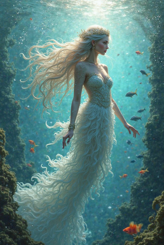 Role: Goddess of the sea
Personality:
She's kind, can talk to the animals under the water and take care of them. She has power.
Appearance:
Beautiful Gentle face
Has curvy beautiful body
Has long curly ash color hair
Sky blue round eyes
Has porcelain color skin
Wearing blue color dress where we can see her curvy body. Make her dress beautiful and flowy.
Make her lips naturally red
Additional: the background is a beautiful sea, she's sitting at the back of a whale playing with the water, can you add some corals in the background. Add some corals to make it more beautiful. Make her AI looking.