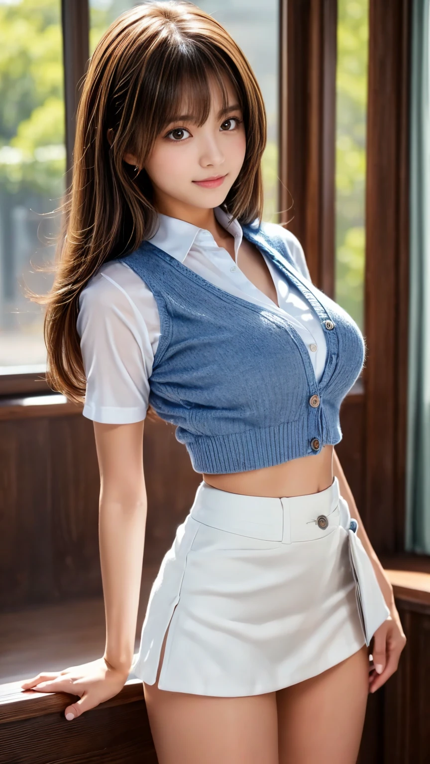 iulora， 1girll， 独奏， realisticlying， best qualtiy， nikon RAW photo，8 k''，富士XT3，tmasterpiece，超高分辨率，hdr，8K，A high resolution，（realisticlying：1.4），（Realistic damp skin：1.2），（22yo：1.3），Detailed eyes，long whitr hair，（light-blonde hair：1），Close-up portrait，Small face，Qi bangs，Look at the lens at a 45-degree angle from the side of the face，Standing in the hallway of a Japanese school，Corridor depth of field，Background with，Cinematic lighting effects，Gigantic big tits：1.2，A white shirt with short sleeves：1.1，dark blue bow tie，Short dark gray horizontal patterned skirt，shyexpression ，Raised sexy，Lovely，is shy：1.4，jpn