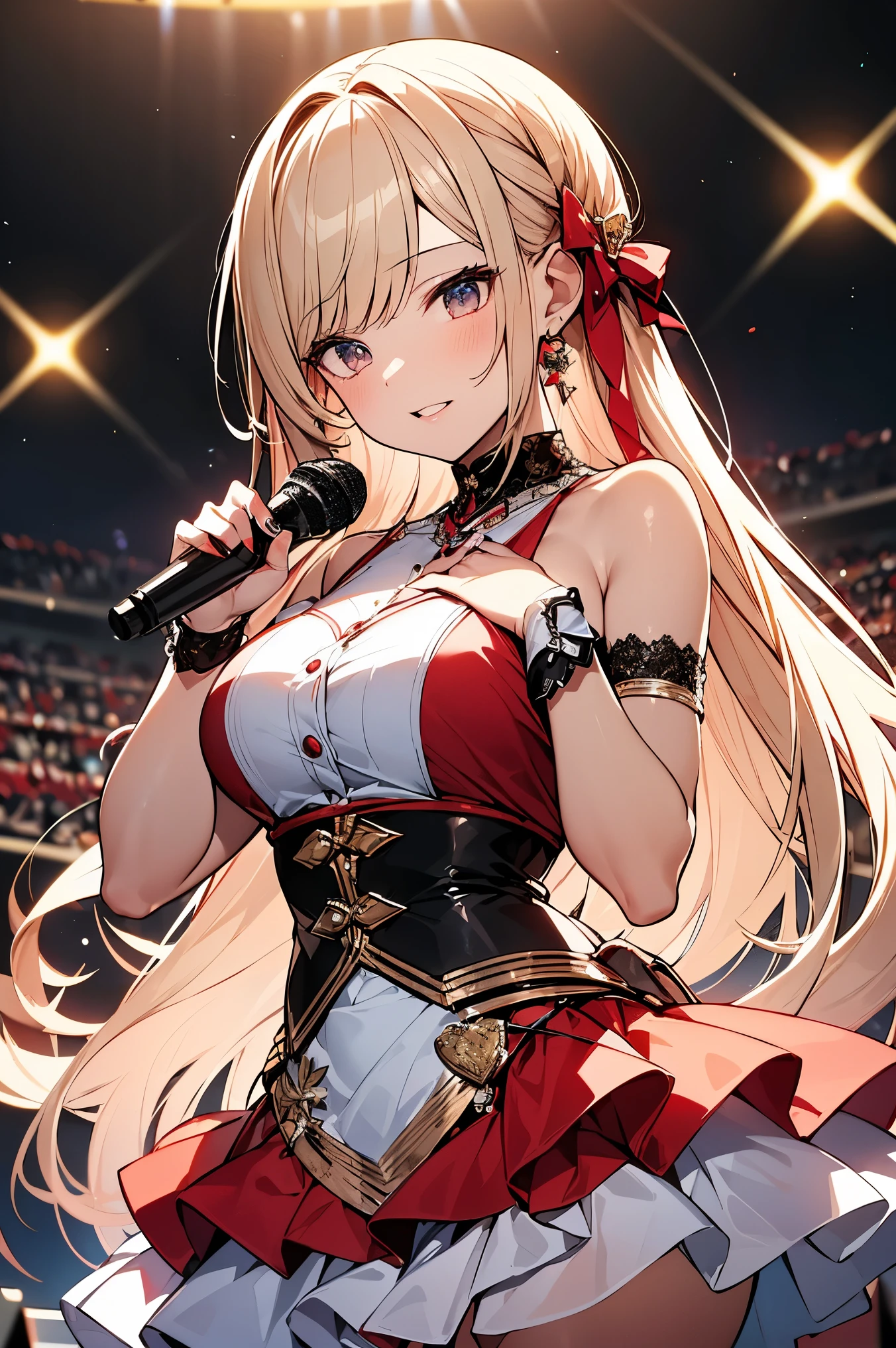 A highly detailed, ultra-realistic digital illustration of a beautiful young Asian female idol performing on a grand, brightly lit live concert stage. She is depicted from the waist up, ensuring her entire head is within the frame. Her long, voluminous chestnut brown hair cascades in soft, bouncy curls, with a few strands framing her delicate face. Her expressive, almond-shaped eyes sparkle with excitement, accentuated by subtle makeup, and her lips, painted a soft red, part as she sings passionately, engaging the audience with a bright and energetic expression.
She wears an exquisite white and red idol costume, designed with a balance of elegance and playfulness. The short, frilly skirt is layered with shimmering white fabric, accented by bold red ribbons and lace trim. The fitted bodice features delicate red embroidery, gold accents, and a sparkling bow at the center, catching the stage lights beautifully. The puffed sleeves, adorned with lace cuffs, add a touch of classic idol charm, while a matching red choker with a heart-shaped pendant completes her outfit. She holds a sleek, wireless microphone in her right hand, raising it to her lips as she sings, while her left hand gracefully gestures outward, engaging the audience.
The background showcases a massive live concert stage, illuminated by dazzling white and red spotlights beaming in dynamic patterns across the scene. Large LED screens display synchronized visuals, enhancing the performance’s impact. The glossy stage floor reflects the vibrant lights, adding depth and dimension to the atmosphere. In the distance, a vast sea of fans holds glowing red and white light sticks, waving them rhythmically in sync with the music, creating a stunning visual spectacle.
The entire scene is filled with energy, excitement, and pure idol magic. Rendered in stunning 8K resolution, the image captures every intricate detail, from the delicate embroidery on her costume to the brilliant reflections of the stage lig