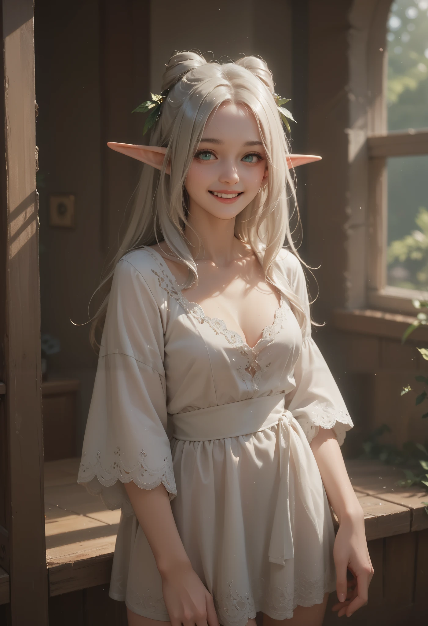 best quality, masterpiece, 1girl, (solo:1.1), raytracing, ultra detailed,detailed face, 8k wallpaper, wide hips, SylphietteNDV, 1girl, white hair, red eyes, medium breasts, short hair, pointy ears, elf, white dress, outdoor, smile