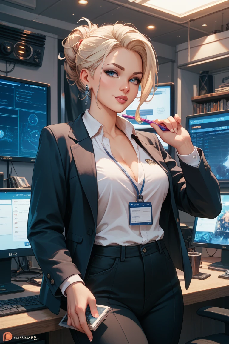 (ultra realistic,32k, masterpiece:1.2),(high detailed skin:1.1), 8k uhd, dslr, high quality, (thick\lips\),
 <lora:kay:0.7>aakay,long hair,saunders school uniform,blazer,grey jacket,long sleeves,open jacket,wing collar,white shirt,necktie,red skirt,white thighhighs,, , <lora:add_detail:0.97>, huge breast, 
(looking at viewer, standing, from above:1.1),,
,(neon light:1.1),  digital surveillance control center, ai-driven surveillance systems, facial recognition algorithms, data analysis