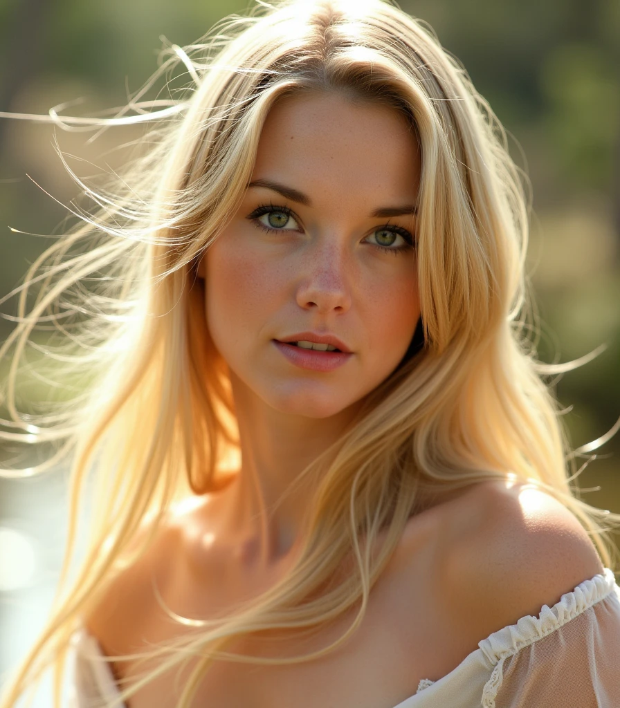 Fotografia detalhada e realista de corpo inteiro de uma mulher com sardas, decote, grande peito enorme saltitante, round eyes and messy blonde hair, rosto sensual, areola protrudes, pubic shape clearly visible, gal, very many eyelashes, Lame on eyelids, pitch black lip, saltos pretos breu, pelos pubianos, bristles of the lower abdomen, esguio, virilha aberta, luz do amanhecer, sunglow, sunburst, hazy morning, alexis bledel, inocente, vestindo textura de pele de lingerie branca, Chapped lips, Dramatic natural lighting, magic photography, lighting dramatic, Foto realism, ultra-detalhado, Cinestill 800T