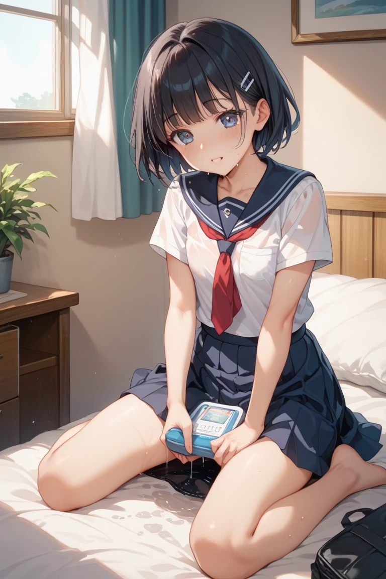 (unity 8k wallpape),(best quality),(high resolution),(ultra-detailed),(perfect anatomy),(beautiful detailed eyes),1girl,(Dimly lit motel room),((Sit on the bed:1.3)),Bedside table,((There are three one-dollar bills on the bedside table.:1.3)), BREAK Bought Girl,Unbelievable beautiful girl,15yo,blackhair,,Sailor suit,Navy Skirt,White socks, body,(Holding a smartphone in one hand:1.3),(Sit with your legs apart),White panties,A tense look,Look down,The eyes are looking at me,Photograph the whole body, BREAK (On the table are three coins and a camera.),