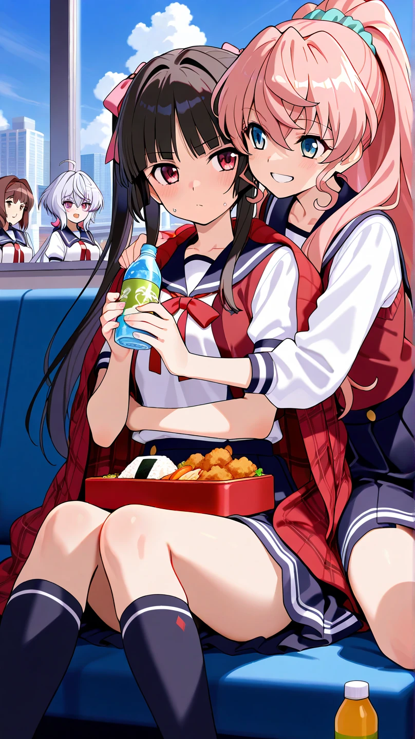 1 girl, Alone, Brown hair, animal ears, cola, cat ears, cat cola, bow, old, two sides up, long sleeves, maid headvestido, Bell, jingle Bell, food, short hair, short dress mini skirt, small old, puffy sleeves, bowtie, cat girl, steering wheels, juliet sleeves, animal ear fluff, hits, apron, hair bow, clothing trimming, strawberry, blush, clavicle