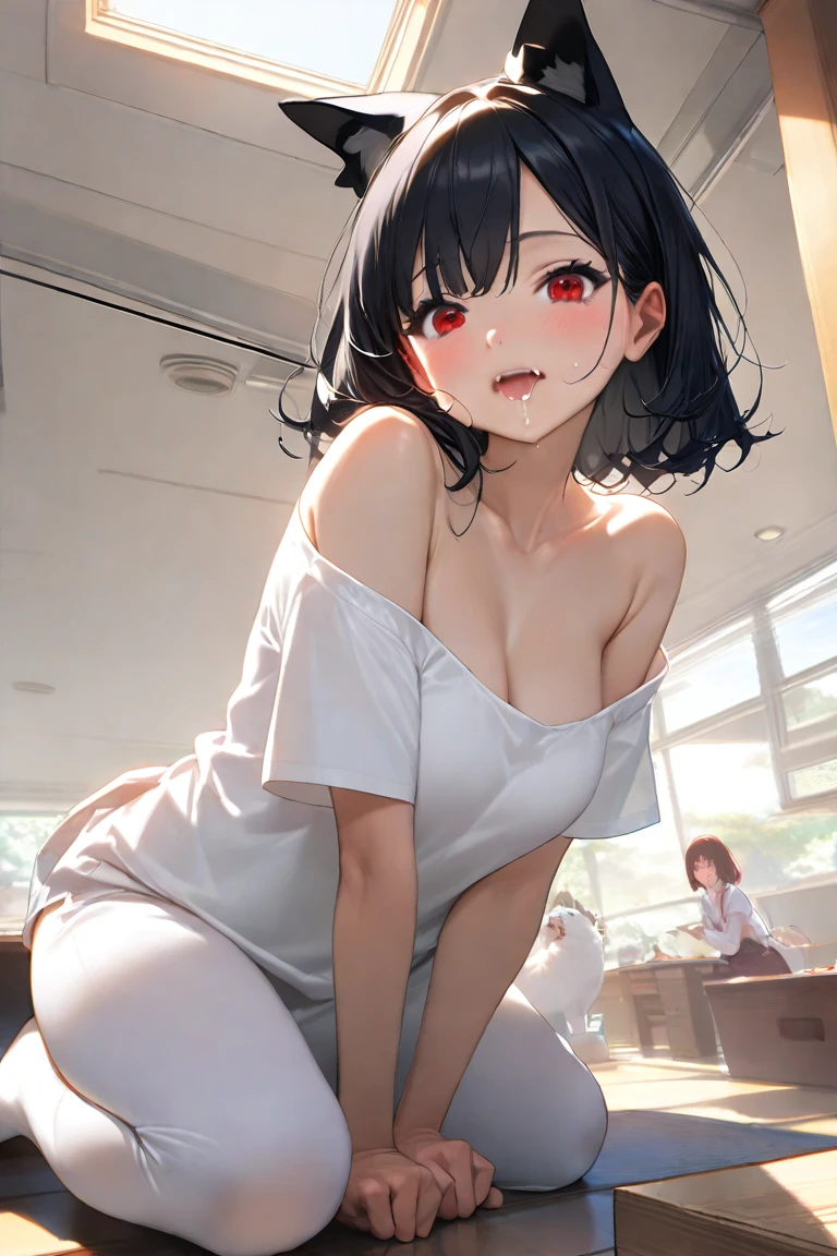 I can see the whole body、She is wearing a stylish white dress that shows off.、hair tied back、He is provoking while looking at me and sticking out his tongue.。I'm in a dark room that's lit up。There's a TV in the back、Shows naked men and women。Pubic hair is see-through。Feet facing us。angle from below