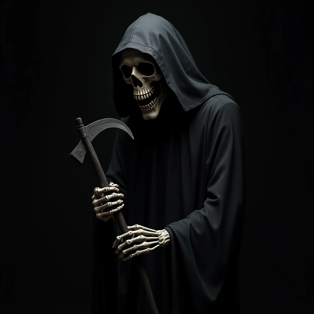 "A realistic skeleton dressed in a long black robe that resembles a death gown. The skeleton is posing imposingly, holding a shining scythe in one hand. The scene is dark, with a hazy background and shadows that highlight the figure of the skeleton. Soft lighting highlights bone details and clothing texture, creating an air of mystery and gravity."