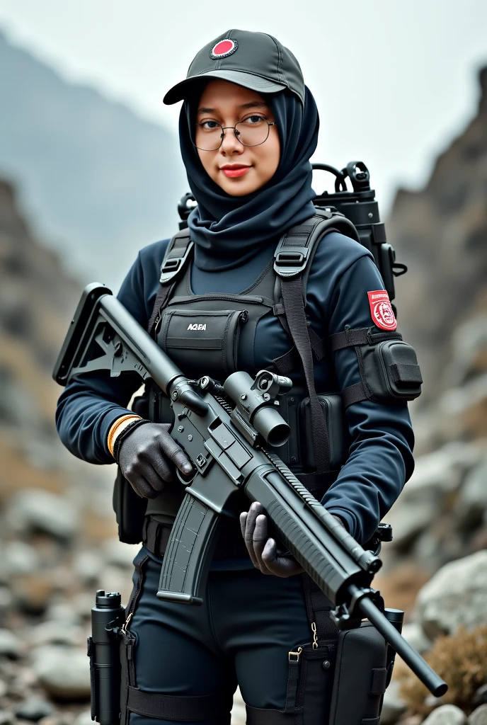 RAW, Best quality, high resolution, Masterpiece: 1.3), Beautiful Malay woman in hijab, Masterpiece, Perfect slim body, Big breasts, Beautiful big eyes, watery eyes, Soft smile, ((best quality)), ( masterpiece), photorealistic, photorealism, Full body portrait, Realphotos, intricately details, Depth of field, 1 girl, Soldier girl malay wearing hijap, sniper rifle handle, Black military uniform, bulletproof vest, Holding an assault rifle, M16, Inside the city, Very detailed, Perfect face, Black eye, Photorealistic, high resolution, Snow background, looking at the camera, (Detailed face), SWAT vest, Weapons, jewelry, black gloves , sunglasses on Head, Fingers clogged