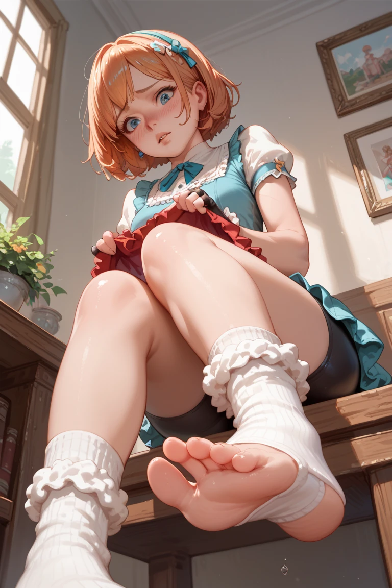 A Female mature robot loves herself. she wears nothing. Her Brown very short pigtails is tied with two big red clothespins, mature, android, blue eyes, full body, Height: 160cm, flushed cheeks, sweat bucket. full body shot, looking straight. Her smile is complete.show White pantie, Looking at the audience, kissing to the audience.