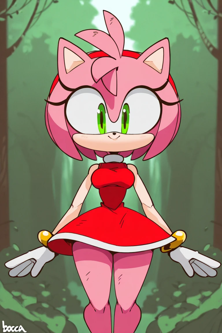 score_9, score_8_up, score_7_up, score_6_up, score_5_up, score_4_up, amy rose, (front view), (2D anime style), anthro furry, pink fur, green eyes, small breasts, cleavage, strapless, (cute red short dress), (red boots), (pantyshot), (cute white panties), (cameltoe), white gloves, sexy curves, big head, (solo), standing, seductive pose, looking at viewer, hands behind back, blushing, seductive stare, (green park background), sunrays