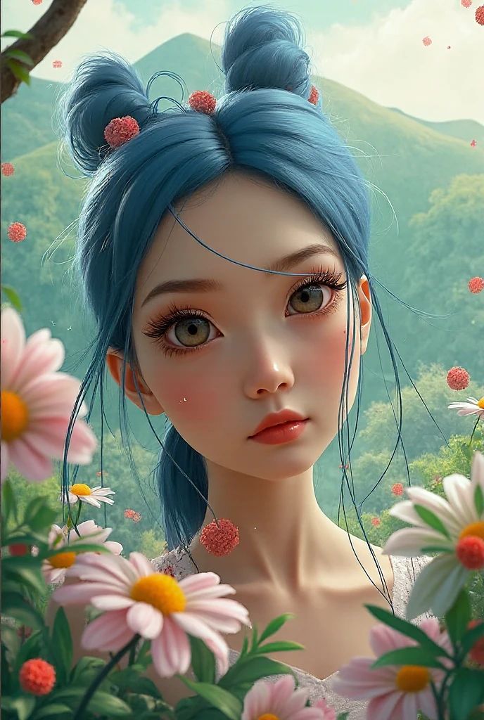 a beautiful detailed young woman, 1girl, long blue hair, porcelain skin, big expressive eyes, long lashes, small nose, full lips, elegant facial features, delicate features, serene expression, soft smile, wearing a white dress, detailed floral patterns, flowing fabric, standing in a lush garden, vibrant green foliage, colorful flowers, sunlight filtering through the leaves, warm lighting, cinematic composition, highly detailed, intricate textures, photorealistic, vivid colors, (best quality, 4k, 8k, highres, masterpiece:1.2), ultra-detailed, (realistic, photorealistic, photo-realistic:1.37), digital painting, concept art style