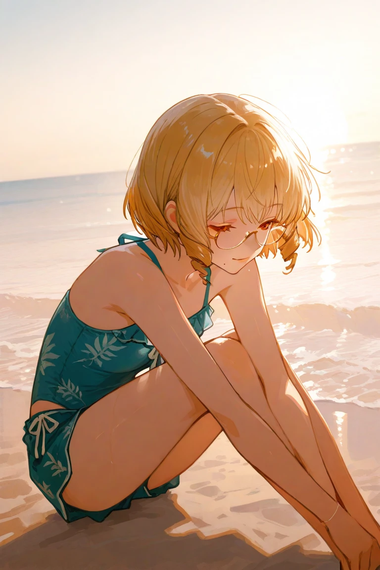 (masterpiece, best quality:1.2), full body, (solo), Android 18 from Dragon Ball, ((string bikini, black bikini)), (sitting, hugging own legs,) small breasts, blunt bangs, short blonde hair, (close eyes), earrings on earlobes, slender feminine figure, skinny body, cleavage, blush, sky, magnificent view, blur background, 4K, open mouth, beach, side-tie bikini bottom, smile, a palm tree, Sandy Beach, lowleg bikini, barefoot,