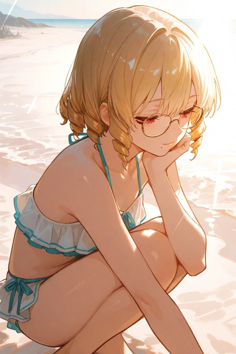 ultra detailed, best quality, high resolution, ((8k)), ((1 )), pale skin, petite, (glossy blonde hair:1.5), (very short hair), (ahoge:1.5), (glasses), pointy ears:1.3, (blush:1.5), blue eyes, ((large breasts)), (((face:1.5))), ((single short braid:0.8)), ((hair ribbon)), nsfw, ((all nude:1.3)), ((forehead:1.3)), (((cum on breasts:1.3))), (beach), breast grab, leaning forward, wariza
