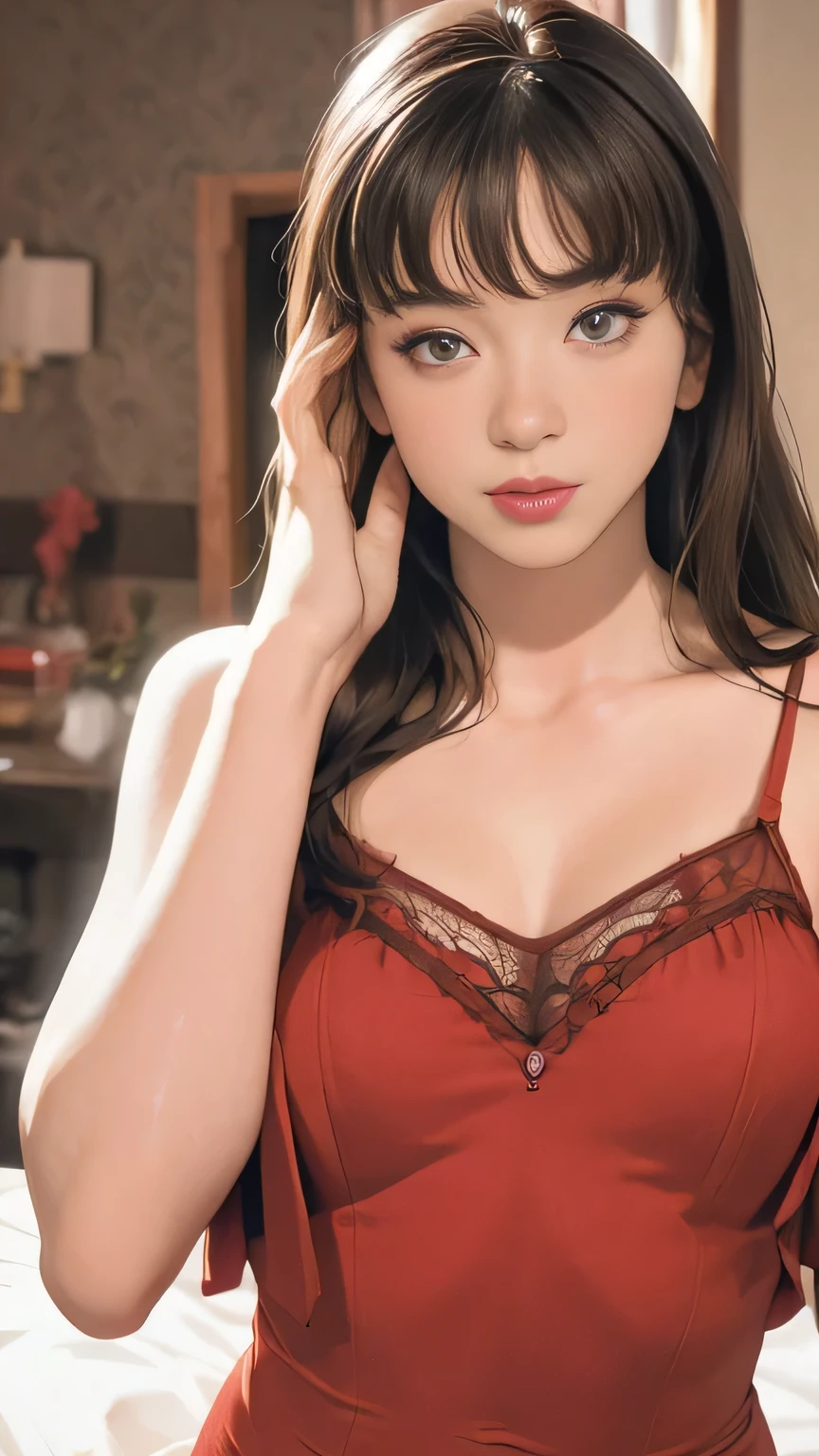 Italian girl, age 25, busty, long brown hair, smiling face, elegant red dress