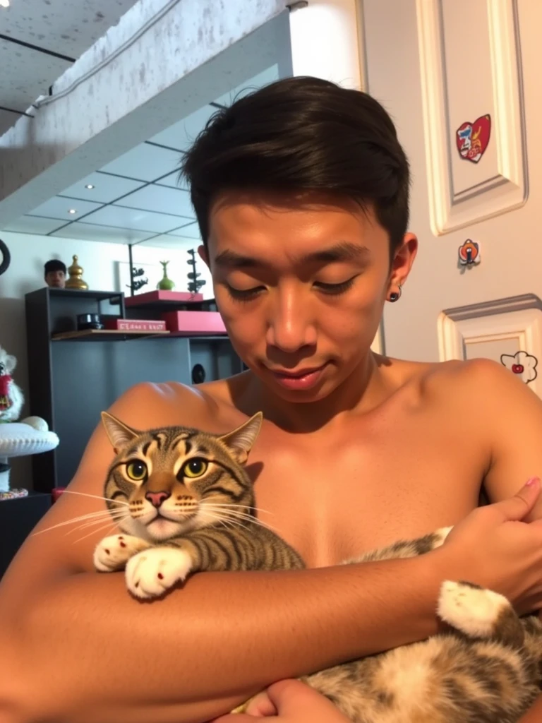Stronger Man, Muscles, asian man, cat, veins.