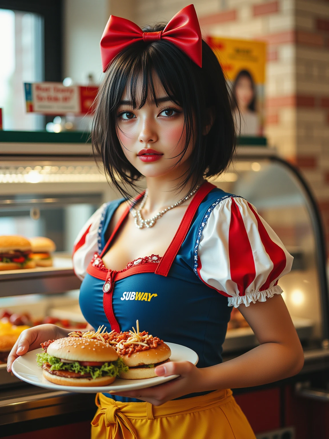 /imagine prompt:a blone instagram model sitting at a fast food resurant in a booth next to the window eating a chicken with a coke on the table,8k HD resilotion,red sweter,18 years old, hyper relistic,big breast,thick,kfc,