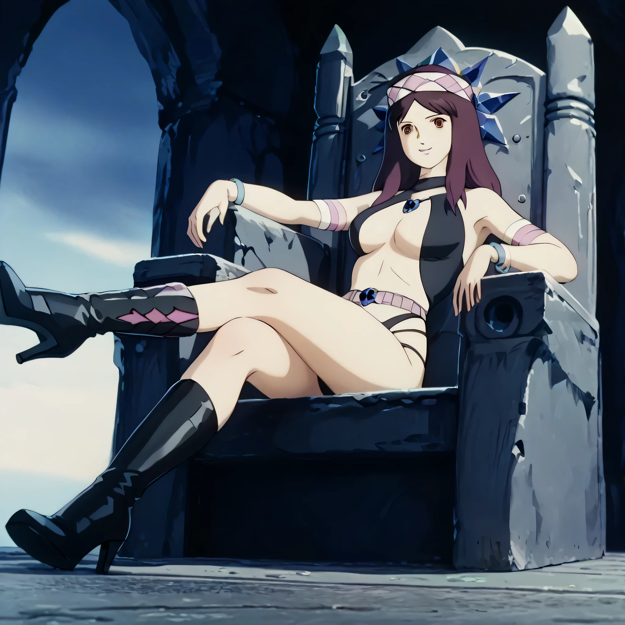 (((Masterpiece))), (((Best Quality))), ((Super Detail)), ultra-High resolution, score_9,score_8_up,score_7_up,score_6_up,score_5_up,score_4_up, BREAK, source_anime, anime screencap, uncensored, rating_explicit, Masterpiece, (best shadow), (absurdres), (detailed background), (very aesthetic), shiny, detailed beautiful eyes, outstanding, countershading, detailed soft lighting, an exquisite animation illustration, curvy, dark persona, empty eyes, expressionless, blank eyes, looking at viewer, full body, emotionless, Fighting Stance, horizontal pupils, (((black leotard, clothing cutout))), high heel boots, knee boots, circlet, armlet, bracelet, belt, halterneck, (((solo, 1girl))), hair ornament, seductive pose, submissive pose, medium breast, Hilda, purple hair, long hair, brown eyes, necklace, Hilda, retro, retro artstyle, crossed legs, smile, sitting, sitting on throne