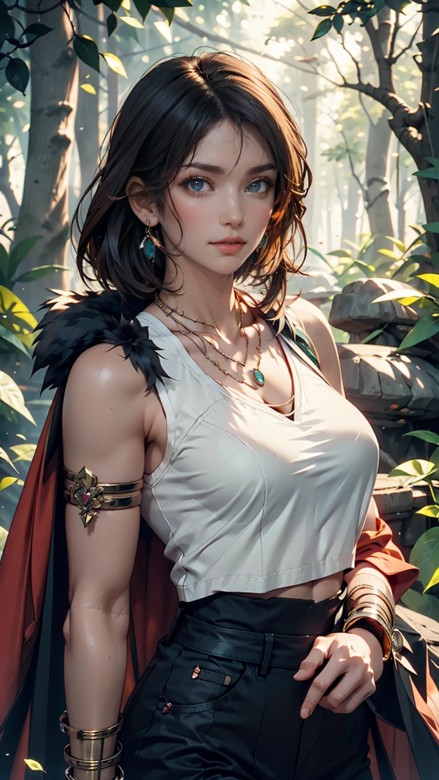 masterpiece, Highest quality,  Unreal Engine,  Super Resolution,  Very detailed, 

1 Girl, PM Cent,One Girl, Brown Hair,Face Paint, Mask on head,fur,head band,Earrings, tooth necklace, clavicle,Bare shoulders,Bare arms,bracelet,fur cape, shirt, Black Skirt, boots, Waist,  thin,  (Muscular:0.8), (Big Breasts), bold, Lips parted,  Observe the audience, 

Are standing, In a dynamic pose,  Cowboy Shot, 

The World of Princess Mononoke, In the forest with a lake,  Key Visual, 

(Sticky with sweat),