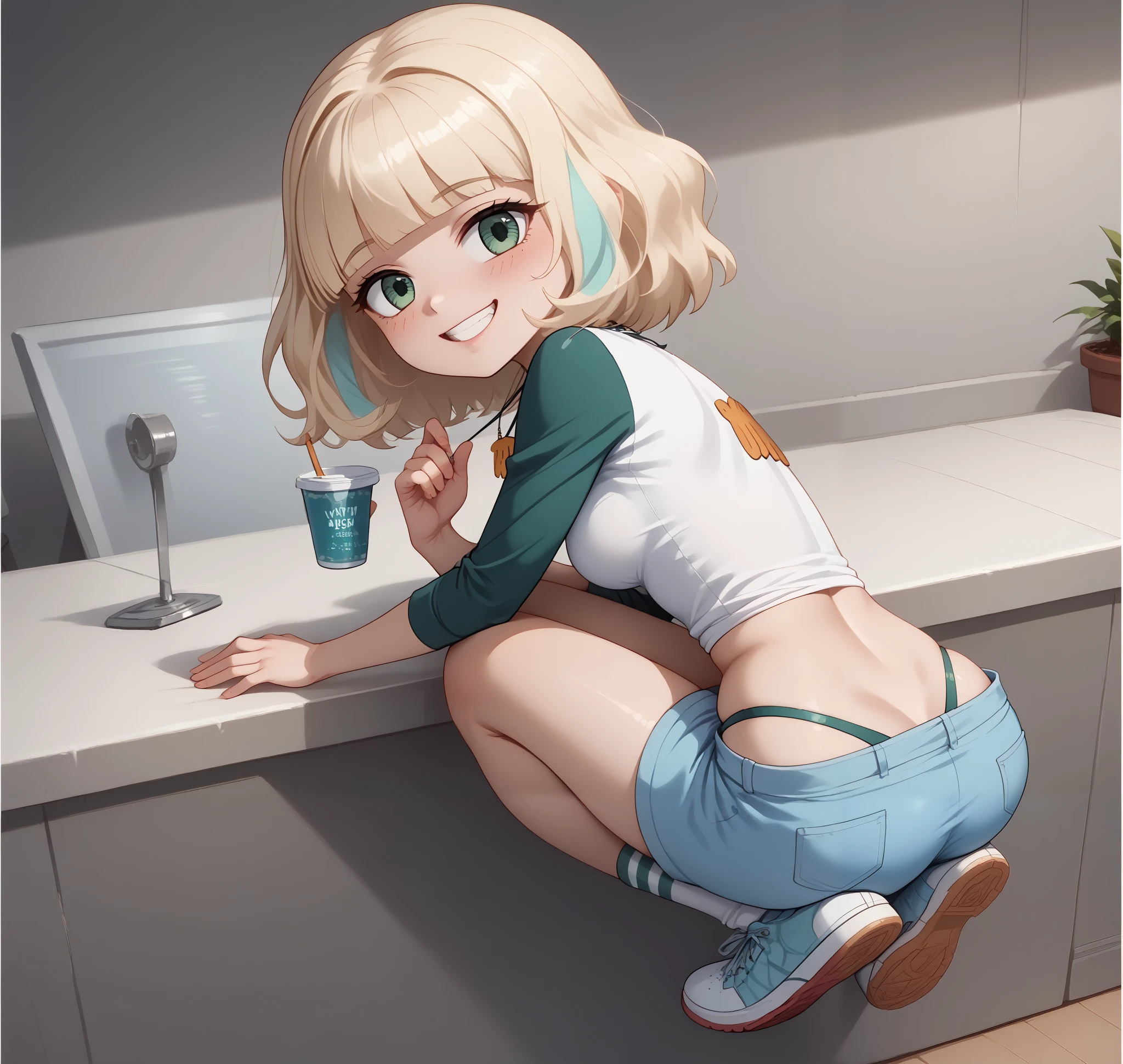 (((Best Quality, 8K, Masterpiece: 1.3)), Full Body, Focus Clear: 1.2, Outstanding Beauty: 1.4, Slender Abs: 1.2)), ((dynamic angle)), (((wide view))), wide-angle lens, extremely detailed, CG, 8k Amazing, finely detail)), (intricate details, depth of field), 8k UHD, ((amazing quality,very aesthetic,absurdres,best quality,newest, masterpiece, ultra detailed, best quality, beautiful face, perfect anatomy, anatomically correct, athletic sexy body)), Expressiveh, (cute face, cute body))), ((((((jackiel, blonde hair, 1girl, green eyes, solo, multicolored hair, short hair, shirt, shell necklace, bangs, long sleeves, blue shorts, tight shorts, highleg thong, smile, socks,sneakers))))),((medium breasts, slim sexy body, curvy hips, seductive pose, flirting, naughty face, blush)))), (((looking at viewer, happy smile, joy, cowboy shot, dynamic pose)))), curvy, toned, athletic, ((sideview:1.3, wide hips, upper shot body, crossed legs:1.2, looking at viewer)), ((((seductive pose, sexy pose, cowboy pose, hourglass figure)))), ((precise face and eyes:1)),, 1girl, backside, shot from behind, thicc, wide hips, anatomy correct, gorgeous