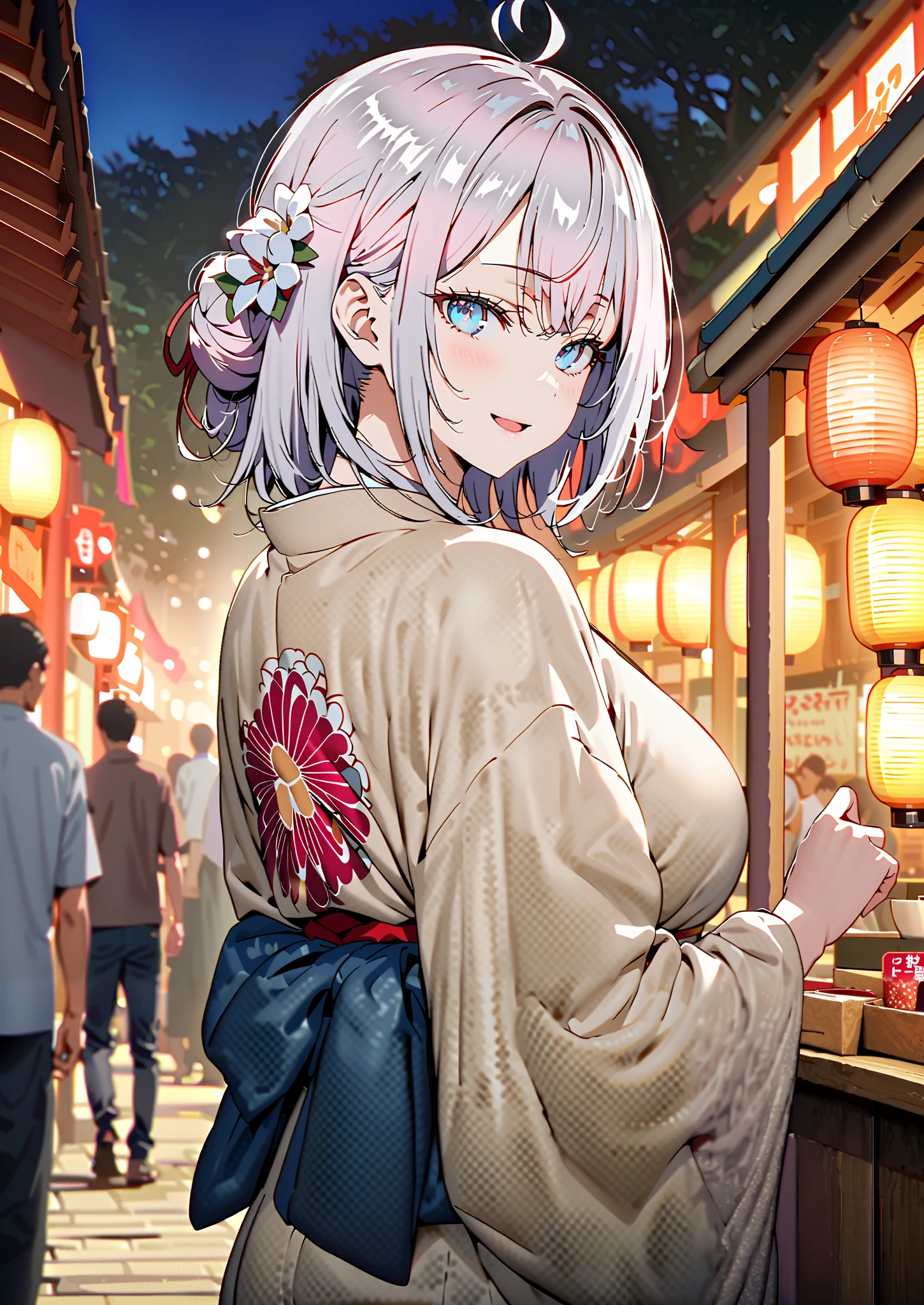 Alisa Mikhailovna Kujo, bungs, blue eyes, stupid hair, Gray Hair, side lock,bun hair,Nape,Big Breasts,Flower Hair Ornaments,White flower pattern kimono,smile,cover,opens her mouth,standing,Light up fireworks,Red Lanterns,Japanese stalls   ,night,full bodyがイラストに入るように,break outdoors,  Japanese festival,
break looking at viewer,full body,,
break (masterpiece:1.2),top quality , kampala,unity 8k 壁紙,(shape:0.8),( fine and beautiful eyes :1.6),It's a person ,full body写真,CG Details , (perfect hands,complete anatomy),