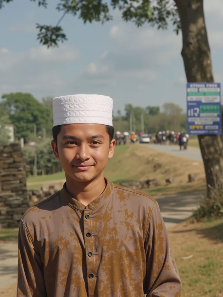 Indonesian meatball seller staying at mosque of Gorontalo city, engaging with childern buying his delicacies, in authentic outdoor setting, sharp focus, candid, letter says "jumat berkah" as the logo, picture of mosque as the logo