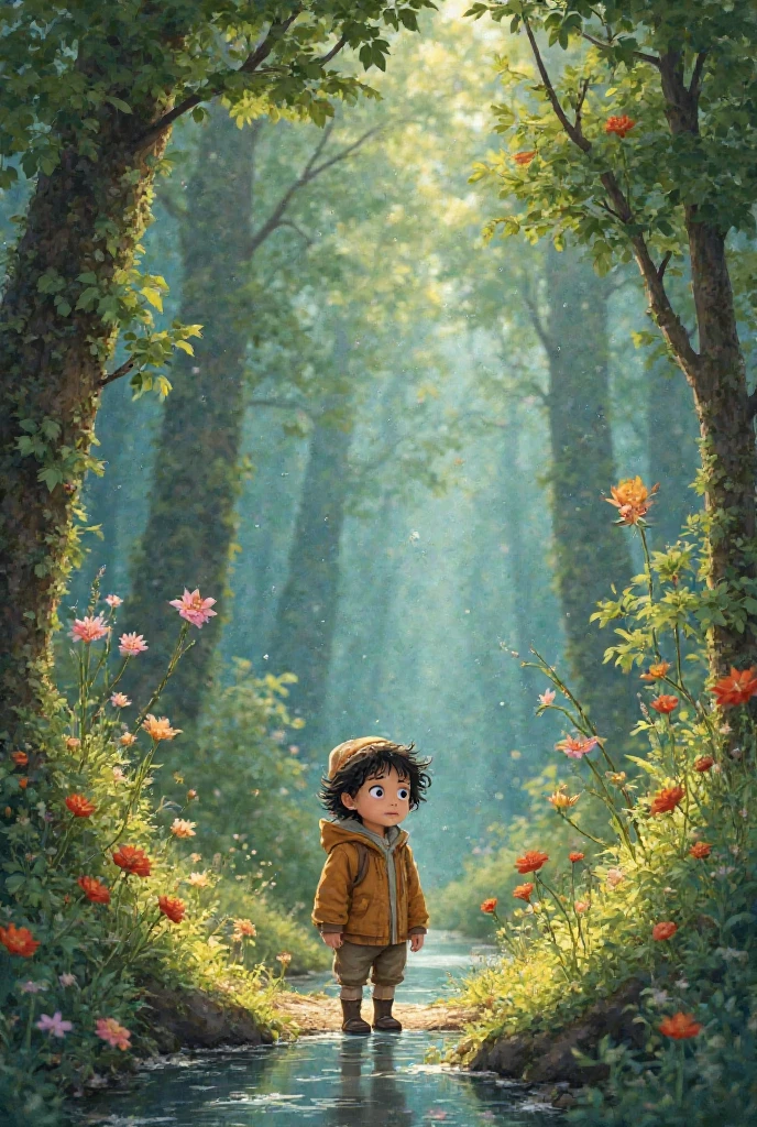 Illustrate the moment when Max first enters the magical garden and encounters the vibrant, glowing flowers. Capture the awe and wonder on Max's face as he takes in the breathtaking sight.