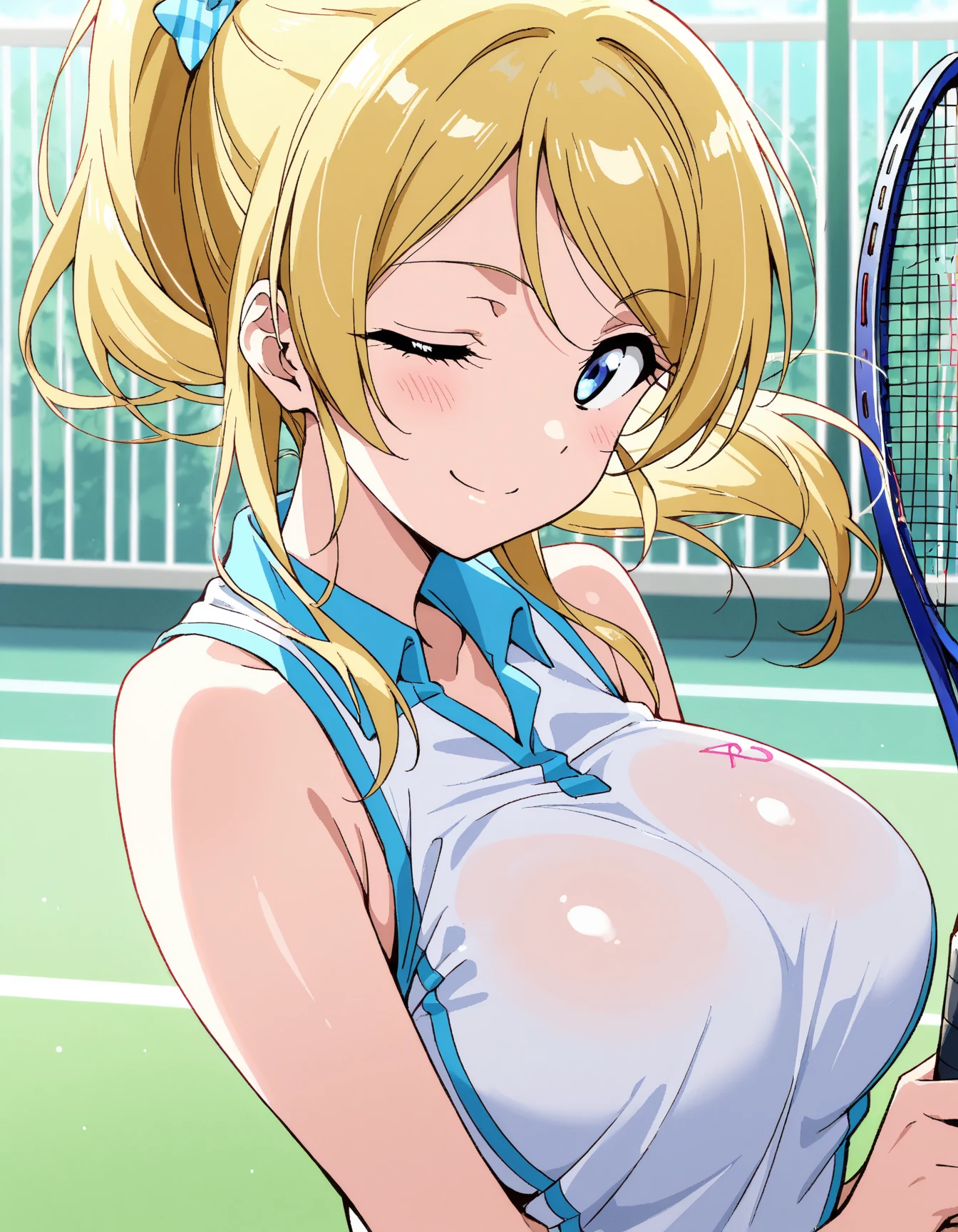 nsfw, bdsm, (masterpiece:1.4), (best quality:1.4), ((ultra detailed:1.3)), score_9, score_8_up, score_7_up, score_6_up, score_5_up, score_4_up, source_anime, looking at view, ((dynamic pose:1.5)), (dynamic angle),
BREAK, 1girl, solo, Belldandy, choker, fingerless gloves, bracelet, ring, (torn tennis wear), (huge breasts), (smile:1.2), spread legs, ((legs up, slave)), collar, vaginal, leash, clitoris, arms behind head, erect nipples, open mouth, nose blush, pregnant,
BREAK, bondage, (breast bondage:1.4, nipple tie), (shibari:1.6), ((chain bind bondage)),
BREAK, masturbation, (tennis racket grip vaginal insertion:1.6), many tennis balls around, BREAK, bukkake, (facial), (cum on breasts), (lot of cum),
BREAK, ((outdoor, tennis court, tennis racket, tennis ball)), AddXL, Lovebell-SDXL, brown hair, long ponytail, blue eyes,