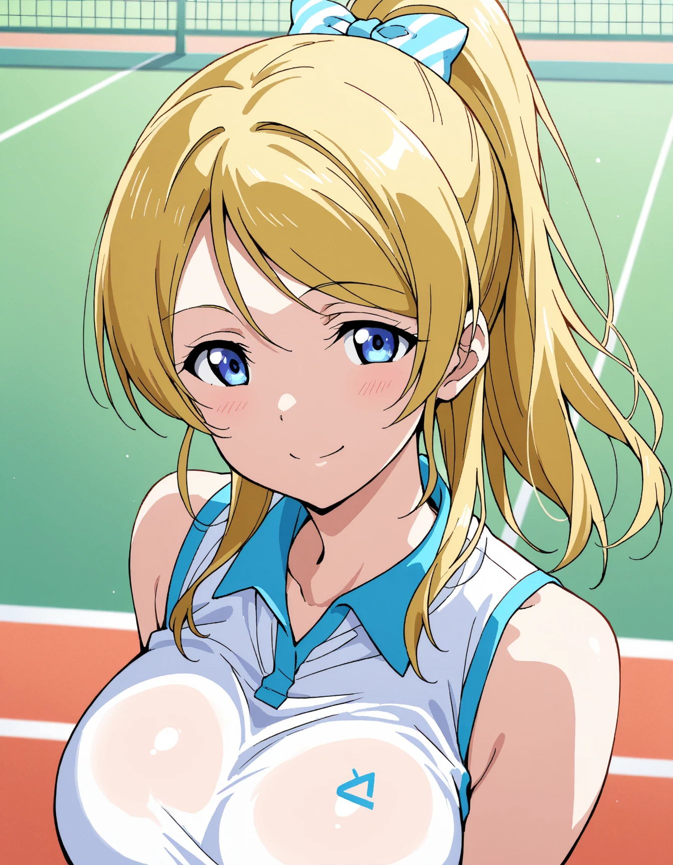 1girl, solo, (highly detailed eyes), detailed face, intricate details, portrait, upper body, samus aran, blonde hair, blue eyes, ponytail, ((gym uniform))), soft lighting, looking at viewer, seductive smile, happy, closed mouth, ((mature female)), tall female, giantess, realistic, speedo-19000