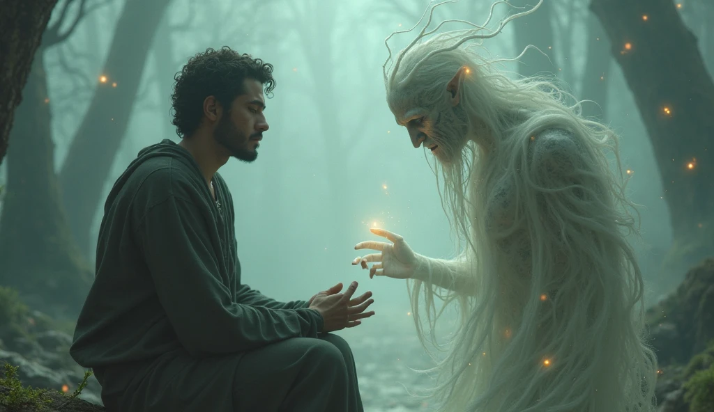 The stranger, who was none other than an ancient spirit of the forest, revealed his true form—a being of light and shadow, representing the balance between life and death.
Standing face to face with the king, the king is an old wise looking man dressed in regal but worn-out attire,