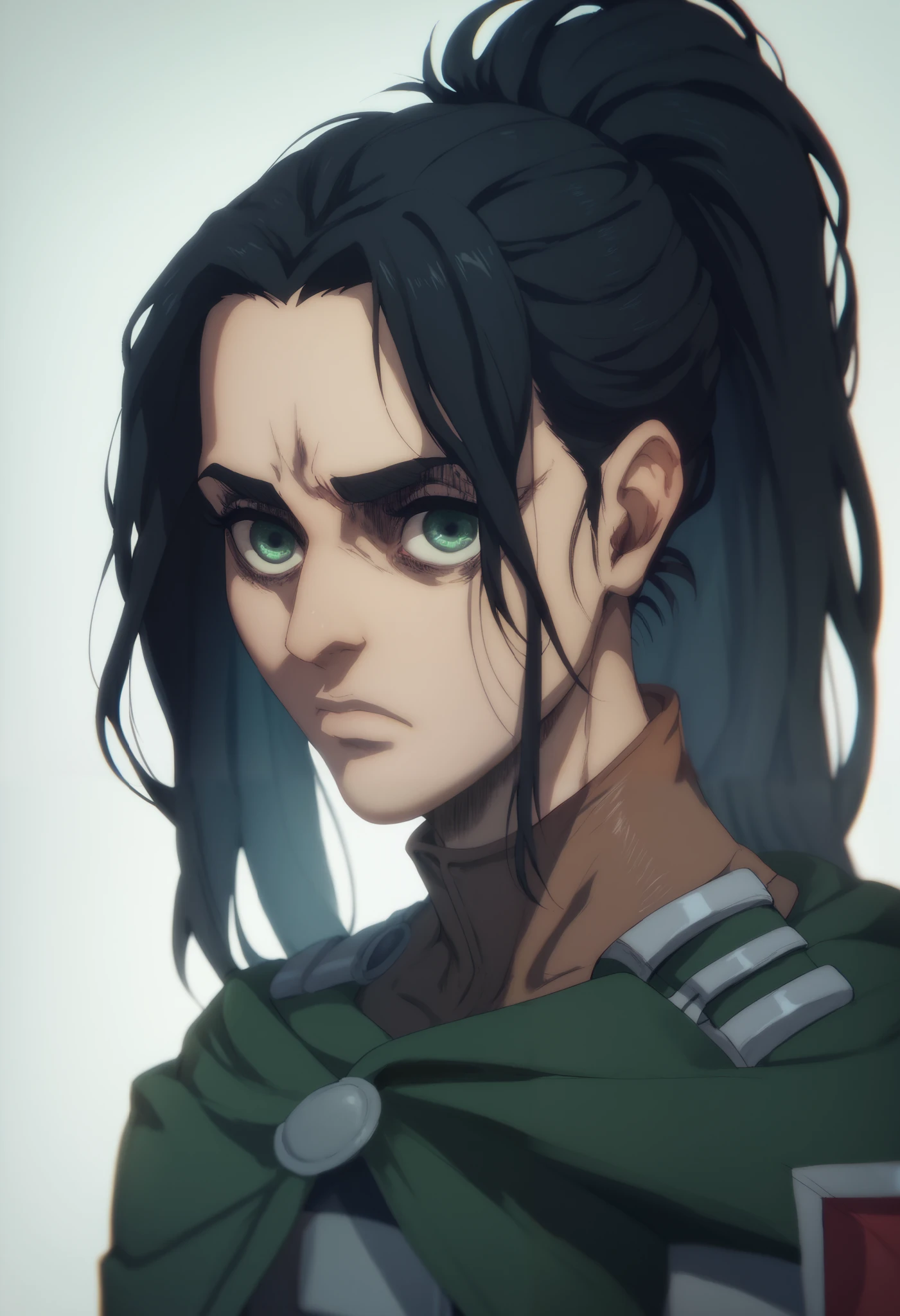 A girl character from attack on titans, long black hair, wavy ponytail, green eyes, gorgeous face. Soldier clothes, kind
