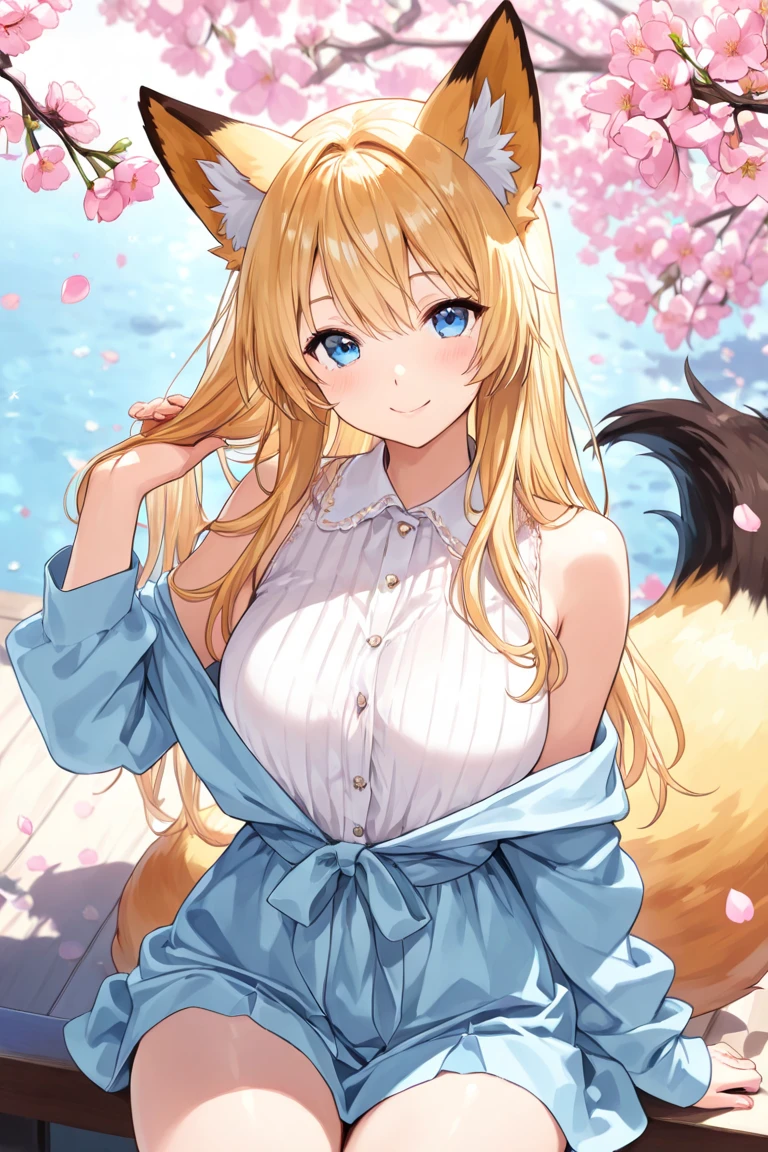 onry one girl, (((furry))), anthro, fox girl,best quality,ultra-detailed,very long hair, gold hair, shiny hair, deep blue-eyed girl, calm smile, timid face, faint lips, tranquil expression,wearing trench-coat, small breasts, (Seems timid),flat anime-style shading, vector-shaded anime, cute natural anime face, subtle anime style, cute anime face,spring garden background.