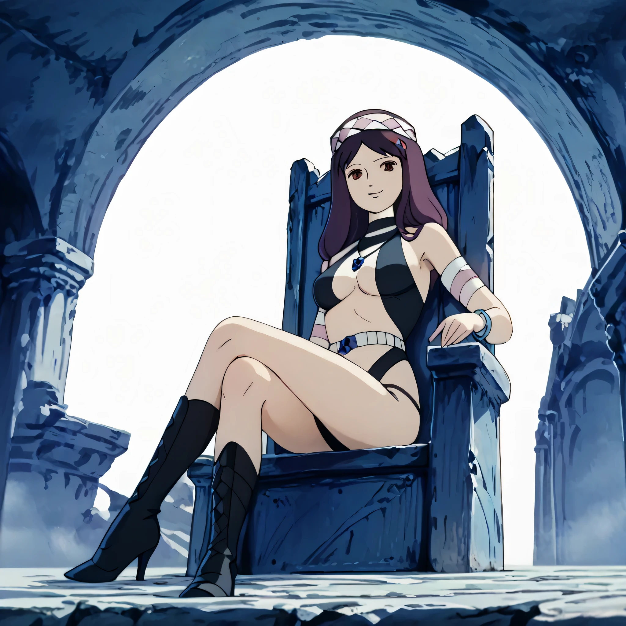 (((Masterpiece))), (((Best Quality))), ((Super Detail)), ultra-High resolution, score_9,score_8_up,score_7_up,score_6_up,score_5_up,score_4_up, BREAK, source_anime, anime screencap, uncensored, rating_explicit, Masterpiece, (best shadow), (absurdres), (detailed background), (very aesthetic), shiny, detailed beautiful eyes, outstanding, countershading, detailed soft lighting, an exquisite animation illustration, curvy, dark persona, empty eyes, expressionless, blank eyes, looking at viewer, full body, emotionless, Fighting Stance, horizontal pupils, (((black leotard, clothing cutout))), high heel boots, knee boots, circlet, armlet, bracelet, belt, halterneck, (((solo, 1girl))), hair ornament, seductive pose, submissive pose, medium breast, Hilda, purple hair, long hair, brown eyes, necklace, Hilda, retro, retro artstyle, crossed legs, smile, sitting, sitting on throne