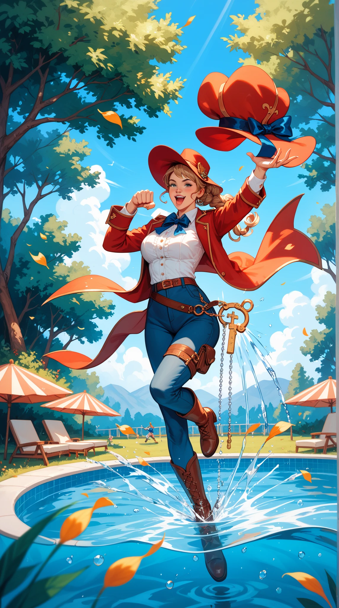 Cat in boots,Wear a nice hat,Grab a rapier,Nice swordplay pose,in a forest with huge grass,A giant drop of water falling from a very large pool crossing a key,고화,high quality,Dynamic motion,appropriate contrast,anatomically accurate,beautiful swordplay pose,