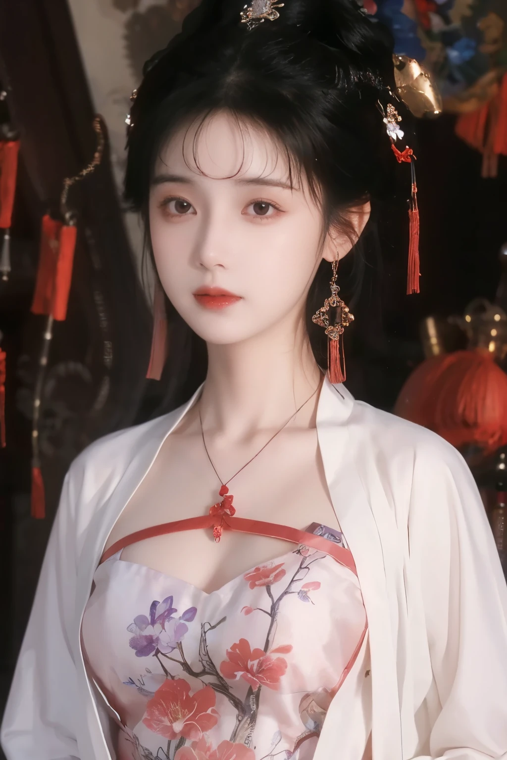 ( masterpiece, Top Quality, best quality, official art, beautiful and aesthetic:1.2), (1 Girl:1.3), flat chest, extremely detailed,(Fractal Art:1.1),(Flowers:1.3),Highest Detail,(dynamic pose), (background:1.3), (Traditional Chinese purple and white clothing:1.2), (shiny skin) ,(earrings:1.1),