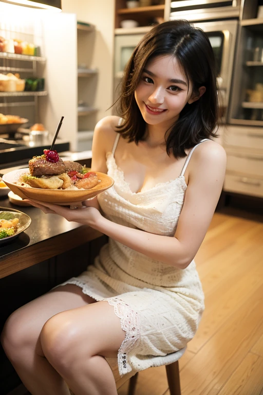 1girl in、A smile、The food served in the restaurant、barechested、Wearing only an apron、morningglow,canon 6d,real photograph((cleavage))、Short curly hair