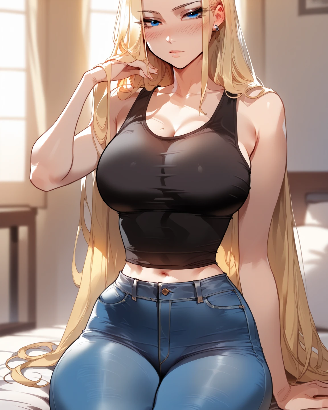 masterpiece、Highest quality、High resolution、1girl、Aino Minako as a mature female、Anime Girls、solo、Long Hair、Blonde girl、Blue Eyed Girl、red head bow、Girl in white tank top、tank top with an white、jeans、Big Breasts、Girls with very large breasts、Female focus、Cowboy Shot、Skin tight tank top、Are standing、white tank top and jeans only、(sexy body:1.3)、(1990s \(style\):0.9)、