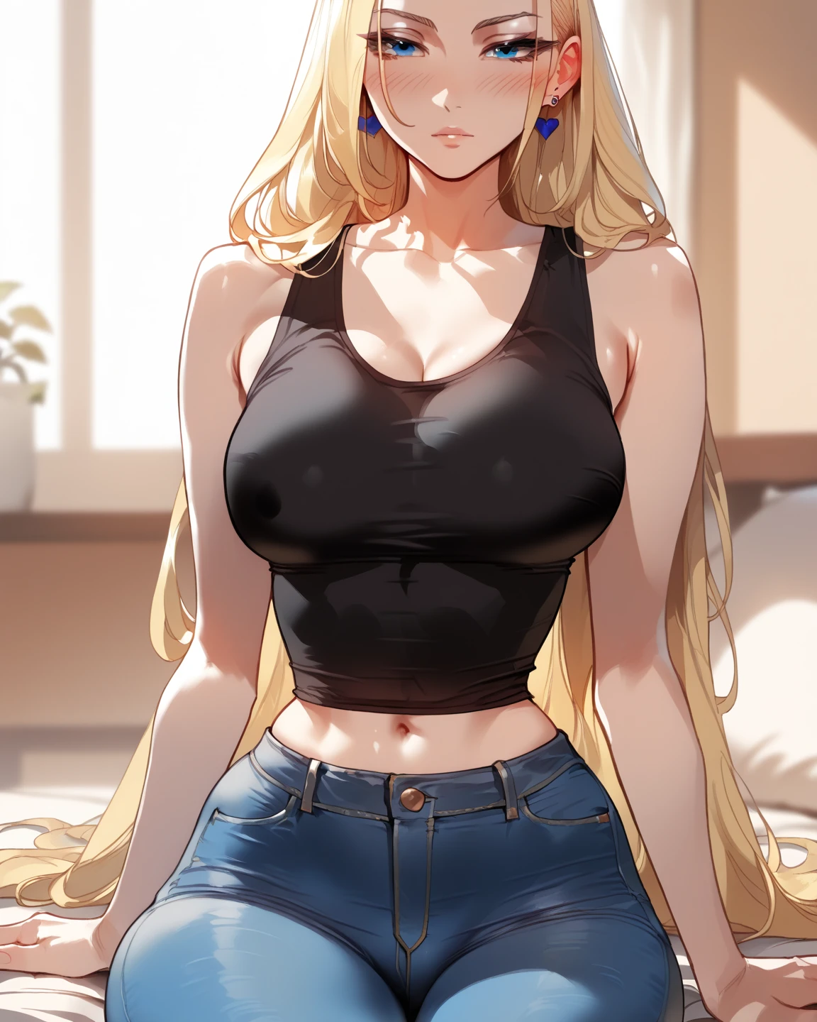 2D, Top quality, (Masterpiece), (Full length), (Glossy blonde hair: 1. 6), Straight long hair, (Brown beauty), (Healthy dark skin), (Tanned), Clavicle, (Denim hot pants), (Tank top), JK, Glowing bare legs, Shank hair, Brown eyes, Attractive thighs, Large breasts Bedroom, On bed, light from window, erotic look, sweaty, wet hair, drop from hair, can in right hand, breathless, bold pose