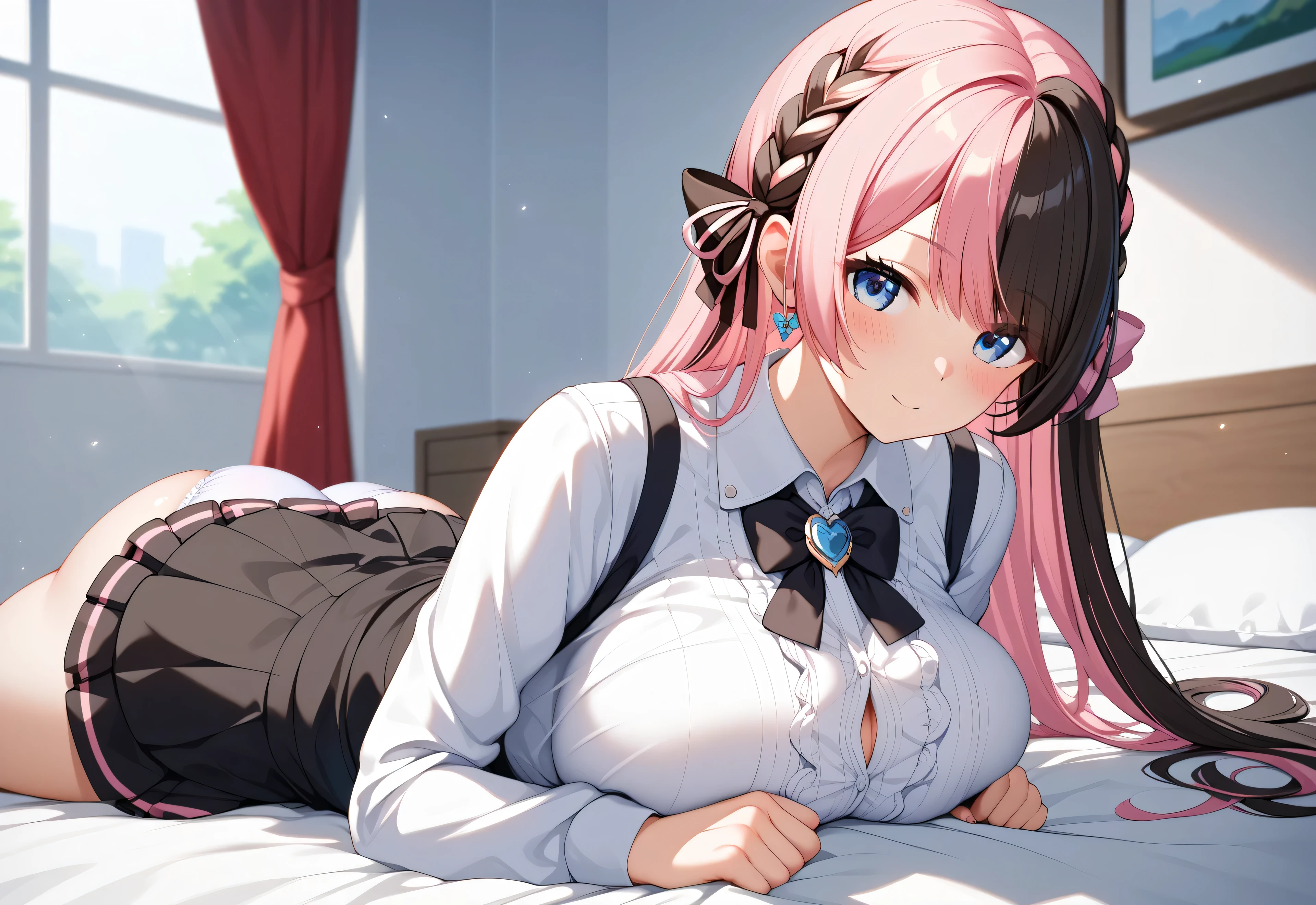 master piece,Best Quality,Super detailed,High resolution,Extremely detailed CG,Unity 8K Wallpaper,weat,score_9, score_8_up, score_7_up, score_6_up, score_5_up, score_4_up, source_anime,TachibanaHinano,blue eyes, two-tone hair, long hair, french braid, hair bow、HinanoBase, (two-tone hair), long hair, french braid, hair bow, black bowtie, brooch, frilled shirt, white shirt, long sleeves, black skirt, suspender skirt,mini skirt,mature female,professional quality, nsfw、large breasts 、bed room,panties、(impossible clothes),big butt,bubble butt,breast press