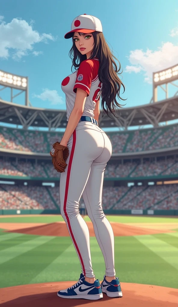 beautiful, (masterpiece:1.2), (best quality:1.2), perfect eyes, perfect face, perfect lighting, 1girl, ass, back, backboob, baseball cap, black panties, breasts, brown hair, crop top, cutoffs, denim, denim shorts, facing away, from behind, hat, highleg, highleg panties, long hair, median furrow, large breasts, micro shorts, panties, ponytail, short shorts, shorts, sideboob, simple background, solo, tank top, thighs, thong, underboob, underwear, field, grass, walkway, huge ass, wide hips, arms at side