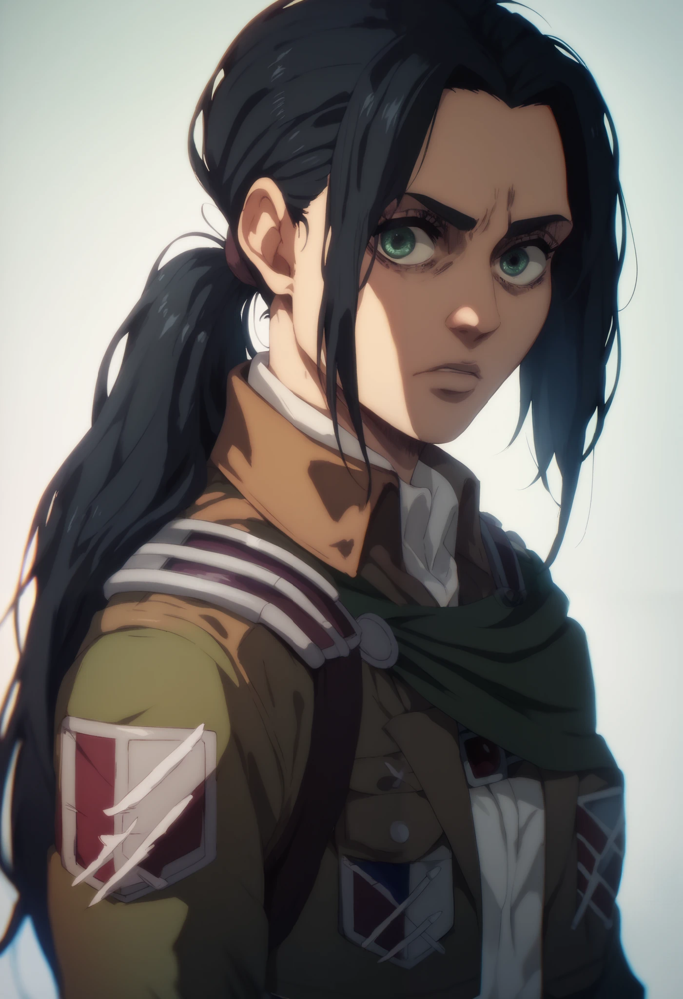 A girl character from attack on titans, long black hair, wavy ponytail, green eyes, gorgeous face. Soldier clothes, kind