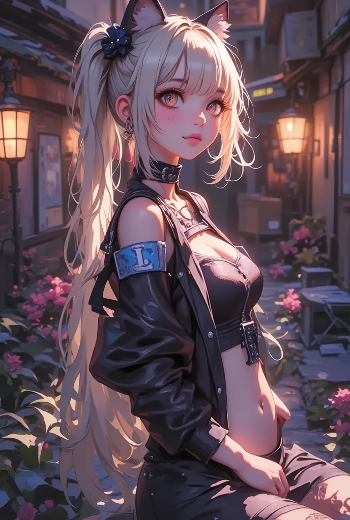 realistic image, detailed image, coherent image, 1 beautiful girl, she has very long hair, white hair with blue stripes. Her eyes are heterochromic: the right eye has a light blue iris and a drop-shaped dark blue pupil, while the left inverts the color combination. Smiling expression. She is wearing a strapless top, a cardigan, plaid pleated miniskirt, sneakers, She has a curvy body, small breasts and thick thighs, She is posing sensually, arching her back, French atmosphere, surrounded by a park, surrounded by flowers. Soft focus, Dramatic shadows, Volumetric lighting, natural lighting,heterochromia,